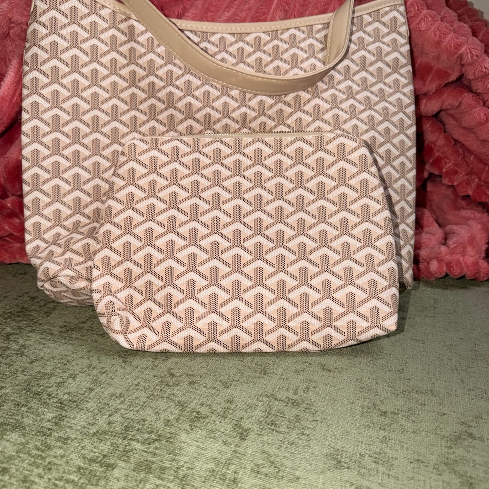 Beige Patterned Shoulder Tote with Matching Pouch